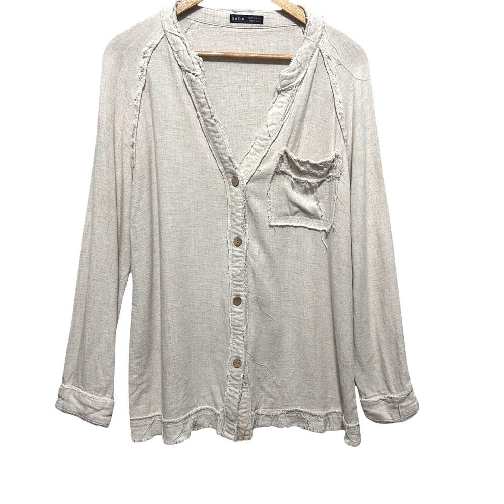 SHEIN Women Boho Coastal Linen Blend Button Top M Oatmeal Raw Hem Seam Lagenlook